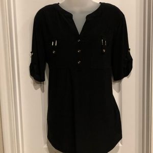 Dressy stretchy silky black top with gold accents